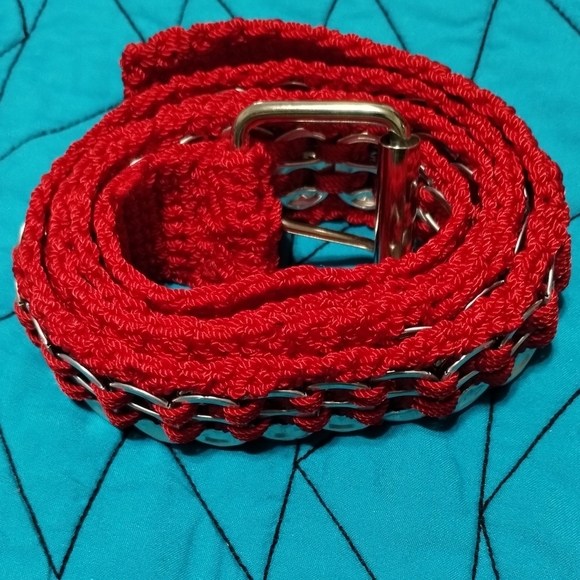 Handmade Upcycled Pull-Tab Soda Belt Red measures approx 40" single layer tabs - Picture 2 of 13